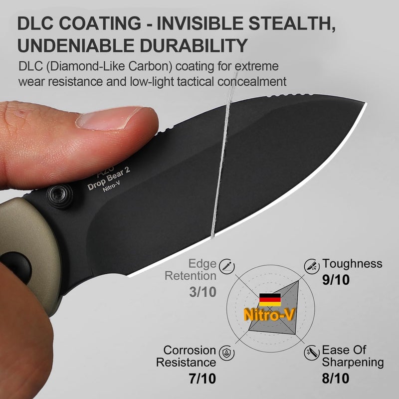 KIZER Drop Bear 2 Pocket Knife, 2.92" Nitro-V Drop Point Blade Folding Knife with Tan Aluminum Handle, Button Liner Lock EDC Knives with Jimping on Spine for Men Women V3619.2CD1 - Image 3